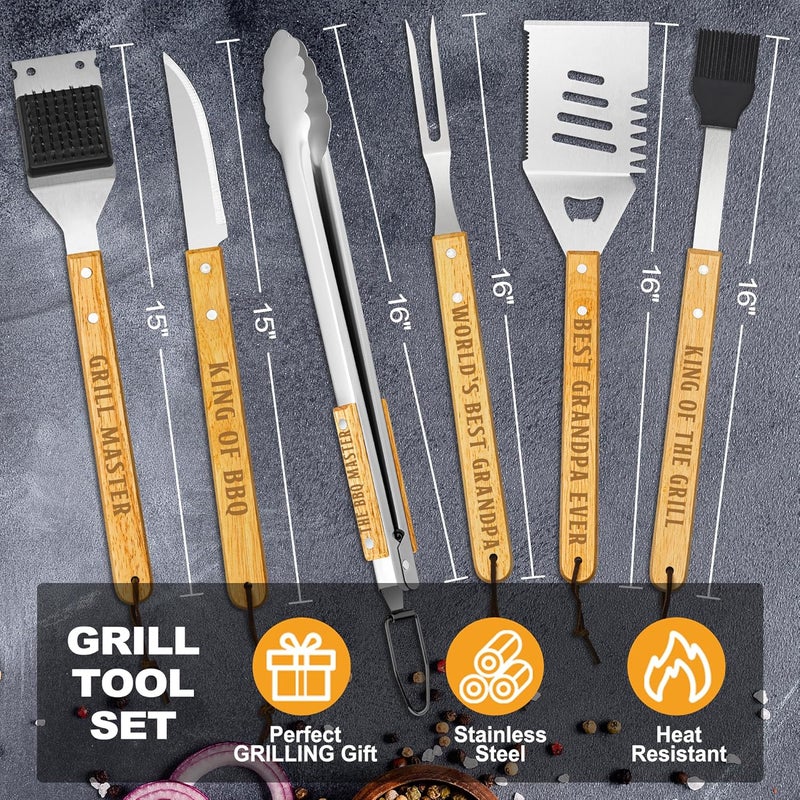 LEWARAN Grandpa Gifts from Grandkids, Grilling Gift Heavy Duty Wooden BBQ Grilling Accessories Kit, Thick Stainless Steel Grill Utensils with Non-Slip Handle Tools in Portable Bag on Christmas - Image 5